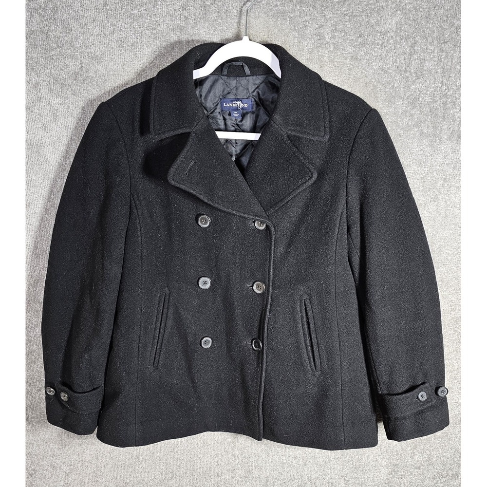 Lands‎ End Wool Double Breasted Coat Womens Size 10P Black Lined Preppy Academia